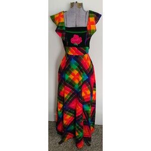 Vtg 70s Maxi Dress Boho Floral Applique Rainbow Colors Festival Cottage Hippie S